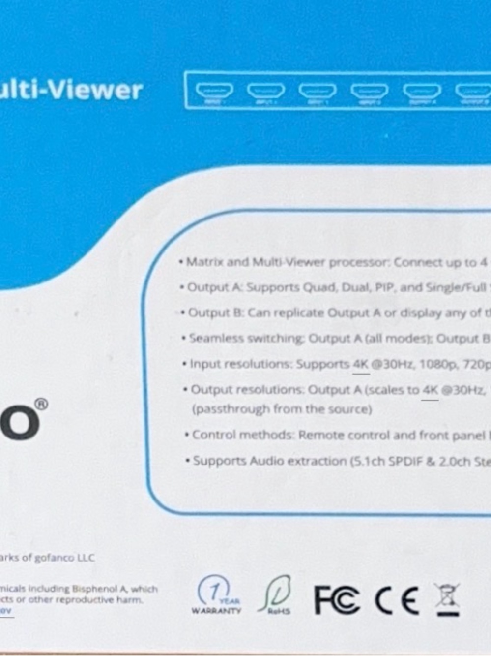 Gofanco QuadView4K-Dual 4K30 4x2 HDMI Multi-Viewer Switcher GZ-0410A New Sealed”